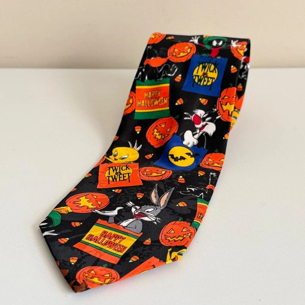 Vintage 1996 Looney Tunes Mania Halloween Necktie Bugs Bunny Taz Black 53
